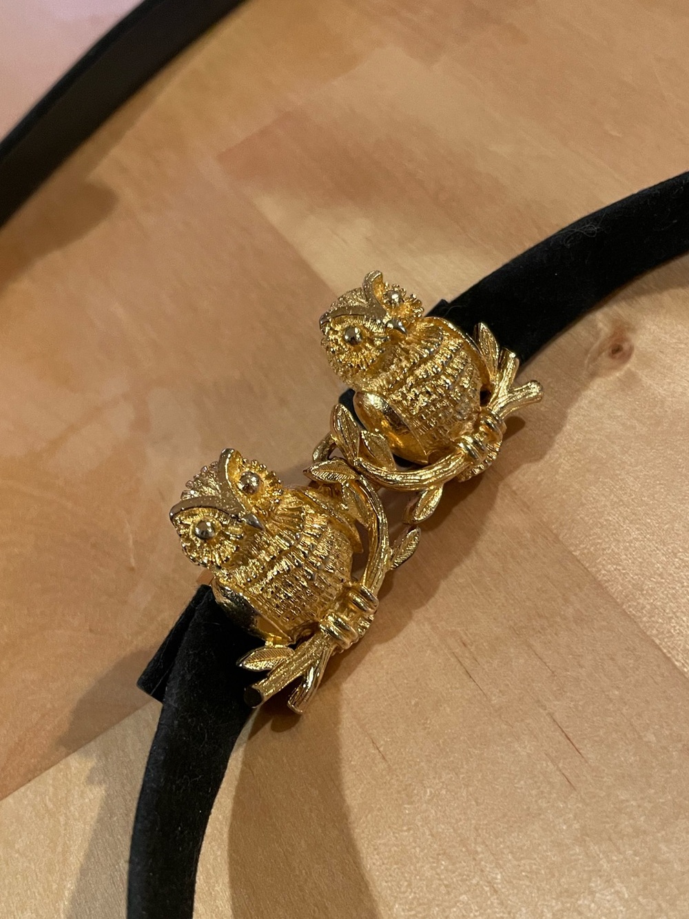 VTG Mimi Di N. Gold Tone Whimsical Metal Owl Belt Buckle & Skinny Black Belt 70s